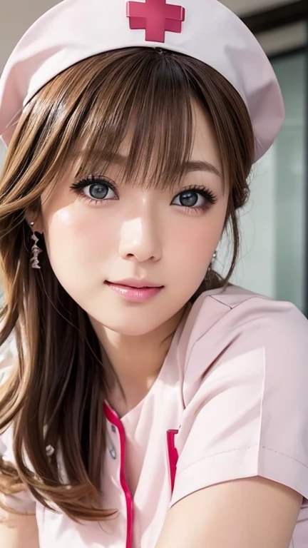 (Photoreal:1.4, 8K), highest quality, masterpiece, ultra high resolution, perfect dynamic composition, big face、round face、((light brown hair:1.4、bun hair))、Highly detailed skin and facial textures:1.3, Detail of limbs, 1 girl, Cute sexy 30 year old Japanese woman, (tanned skin:1.2), ((completely enchants you:0.9)), ((nurse costume, nurse cap)),Medium chest, (look away、beautiful eyes, black eye, Eyes that feel beautiful eros:0.85), sexy face:0.4, (closed mouth、small mouth、thick lips、A taste of beautiful eroticism:0.85), ((Too cute beauty:0.9))、natural makeup、((extreme close up))