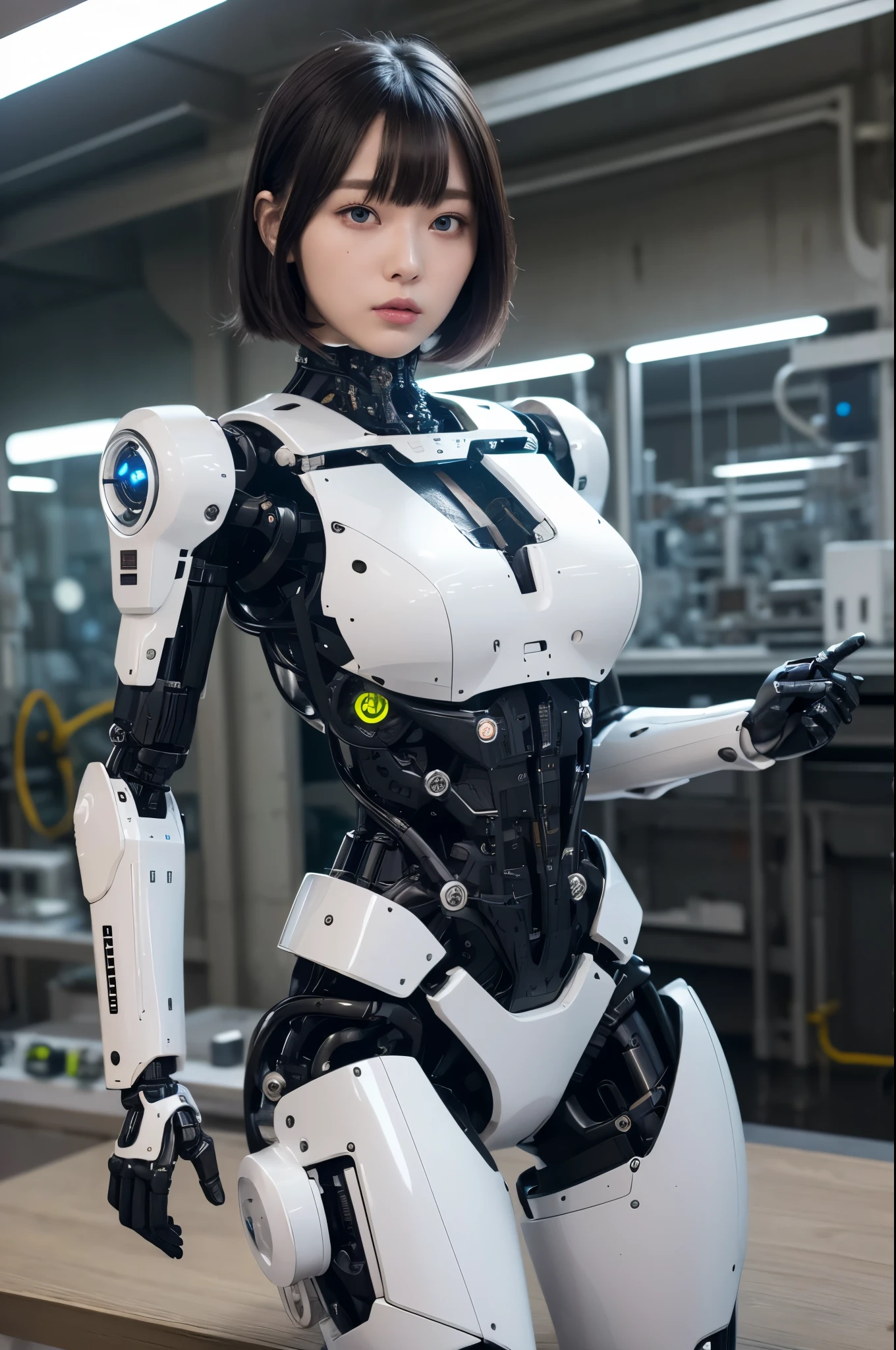 masterpiece, best quality, extremely detailed, 8k portrait, Japaese android Girl,Plump,control panels,android,Droid,Mechanical Hand, Robot arms and legs, Black Robot Parts,Black hair,Mechanical body,Blunt bangs,White robotics parts,perfect robot woman,future laboratory,cyber pank,charging spot,laboratory,long tube,thick cable connected her neck,ceramic body ,perfect mechanical body, white robot body,android,robot humanoid,black sponge joints,The removable cover is in the groin,The connection port is in the groin,white machine body,white robot body,She has repaired,assembly plant,miniskirt,leather boots,(blue eyes:1.5)