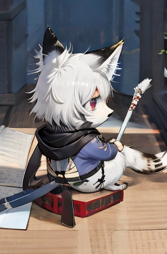 (((Animals,white monster, An illustration, Chibi))), (Sad face, fox head, wolf carcass, owl back wing, tail snake, four legs)