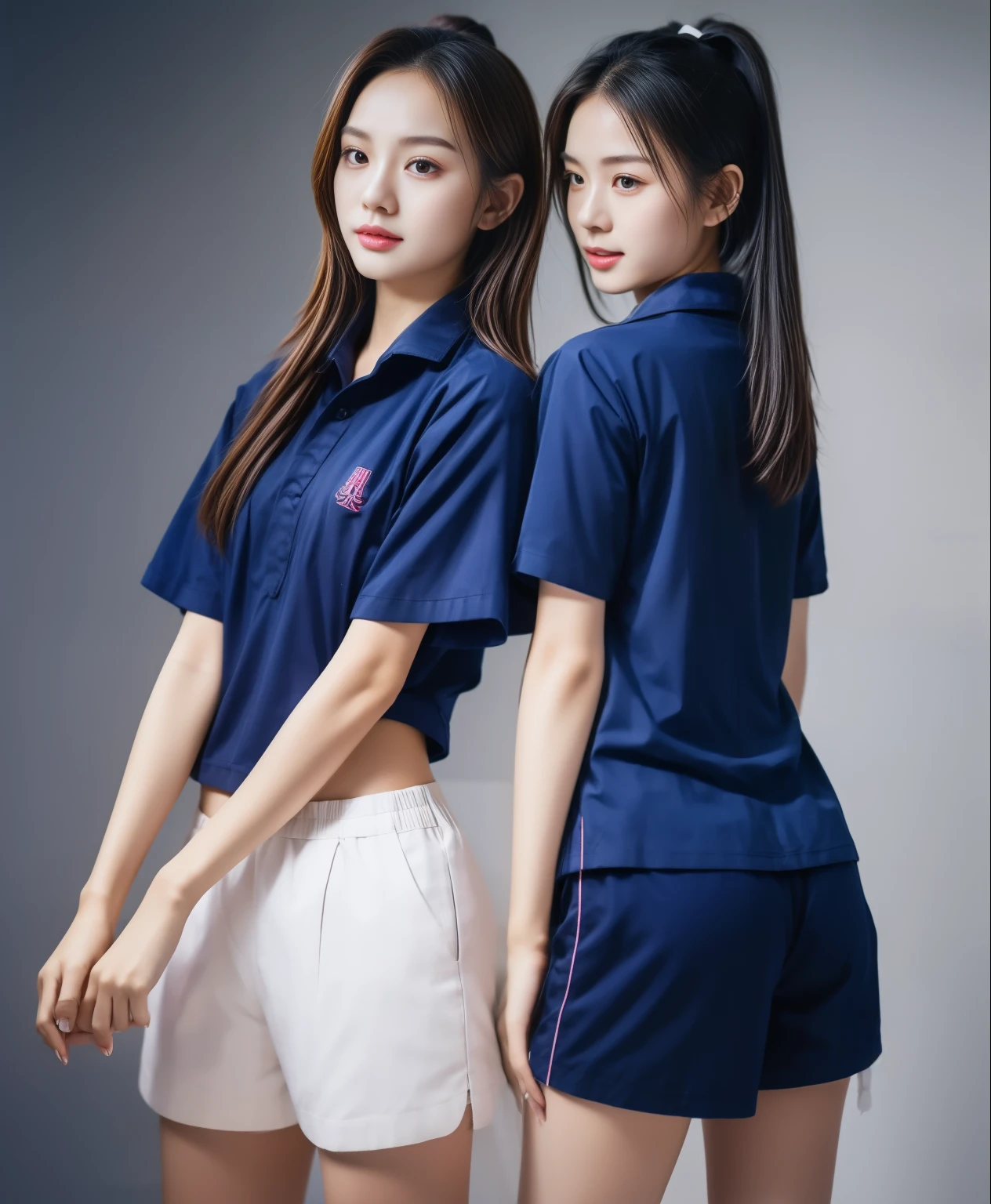 (best quality,10,10,height,Masterpiece:1.2),Special details,(realistic,ภาพrealistic,Realistic photos:1.37),1 Cute girl in the kitchen,shiny, ผิวshiny,only,smile softly,BDclothelue shirt:1.3)),short sleeve,shirt, กางเกงขาlong.,(navy_long_track pants:1.1), ((Kitchen Background)),Dynamic angle,excited,Face focus,dynamic poses,from behind,focus on ass,Masterpiece, best quality, ultra realistic, hyper detail, 8k resolution, raw photos, Sharp focus, ((Navy blue shirt:1.1)), short sleeve, เส้นทางlong, perfect body, 2 mature women, 18 years old, Cinema-grade lighting system,blue sweatpants,shirtผ้าออกกำลังกาย,correct anatomy,perfect body, correct body, Sharp face, correct bodyทางกายวิภาค, full body, realistic gestures, long-haired, realistic poses,Wear long shorts...........................,ช่วงขาlong,Good shape,carved girl, Slender figure, model, Good shape, beautiful body,blue sweatpants, two girls kissing