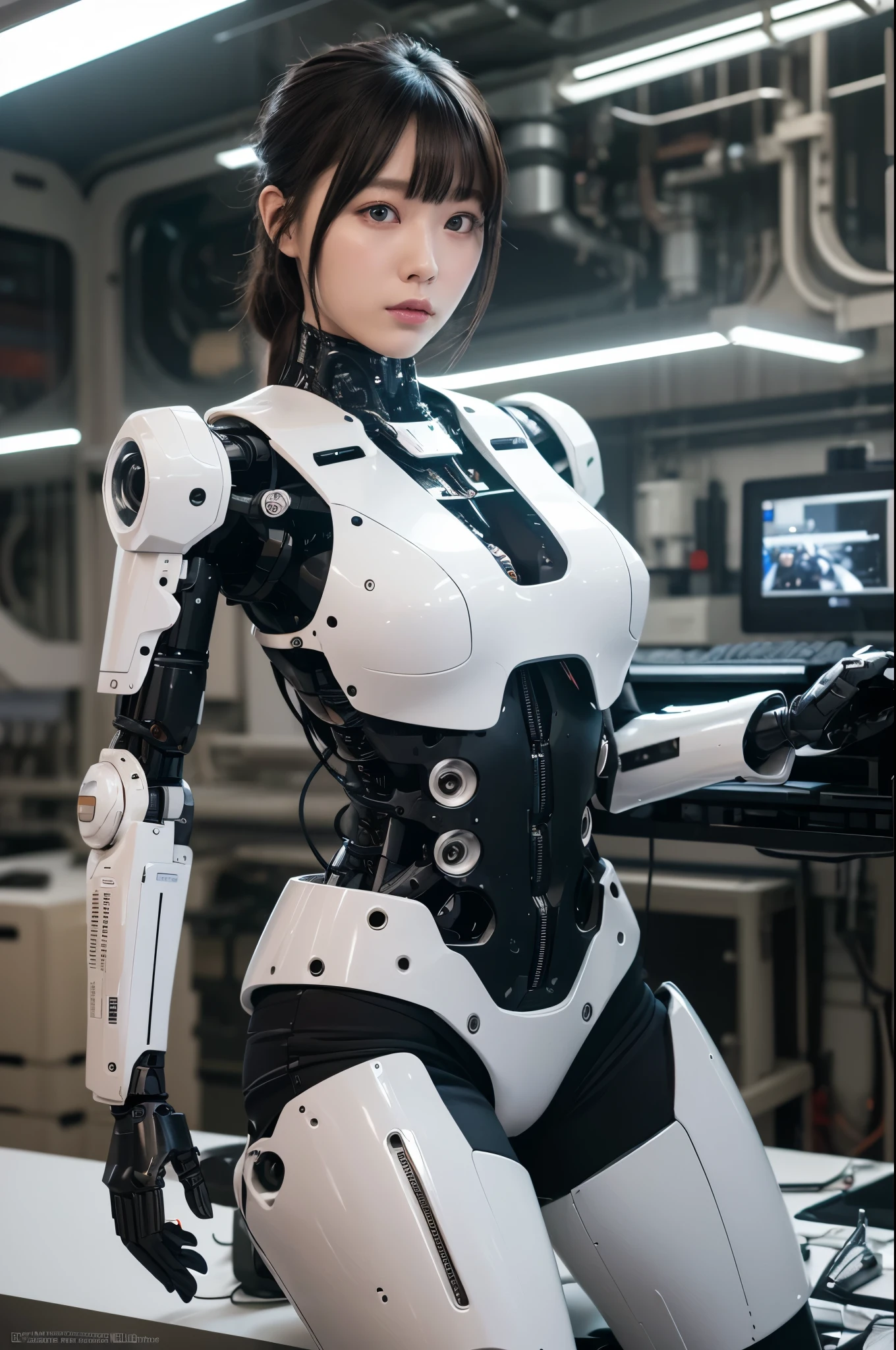 masterpiece, best quality, extremely detailed, 8k portrait, Japaese android Girl,Plump,control panels,android,Droid,Mechanical Hand, Robot arms and legs, Black Robot Parts,Black hair,Mechanical body,Blunt bangs,White robotics parts,perfect robot woman,future laboratory,cyber pank,charging spot,laboratory,long tube,thick cable connected her neck,ceramic body ,perfect mechanical body, white robot body,android,robot humanoid,black sponge joints,The removable cover is in the groin,The connection port is in the groin,white machine body,white robot body,She has repaired,assembly plant,miniskirt,leather boots,（blue eyes:1.5）