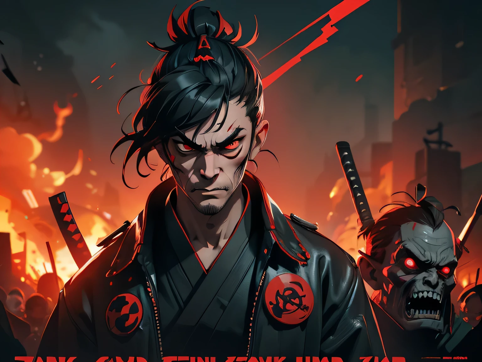 poster design,humor,samurai zombie,Dark side,darkcolorscheme,red eyes,The end of the world