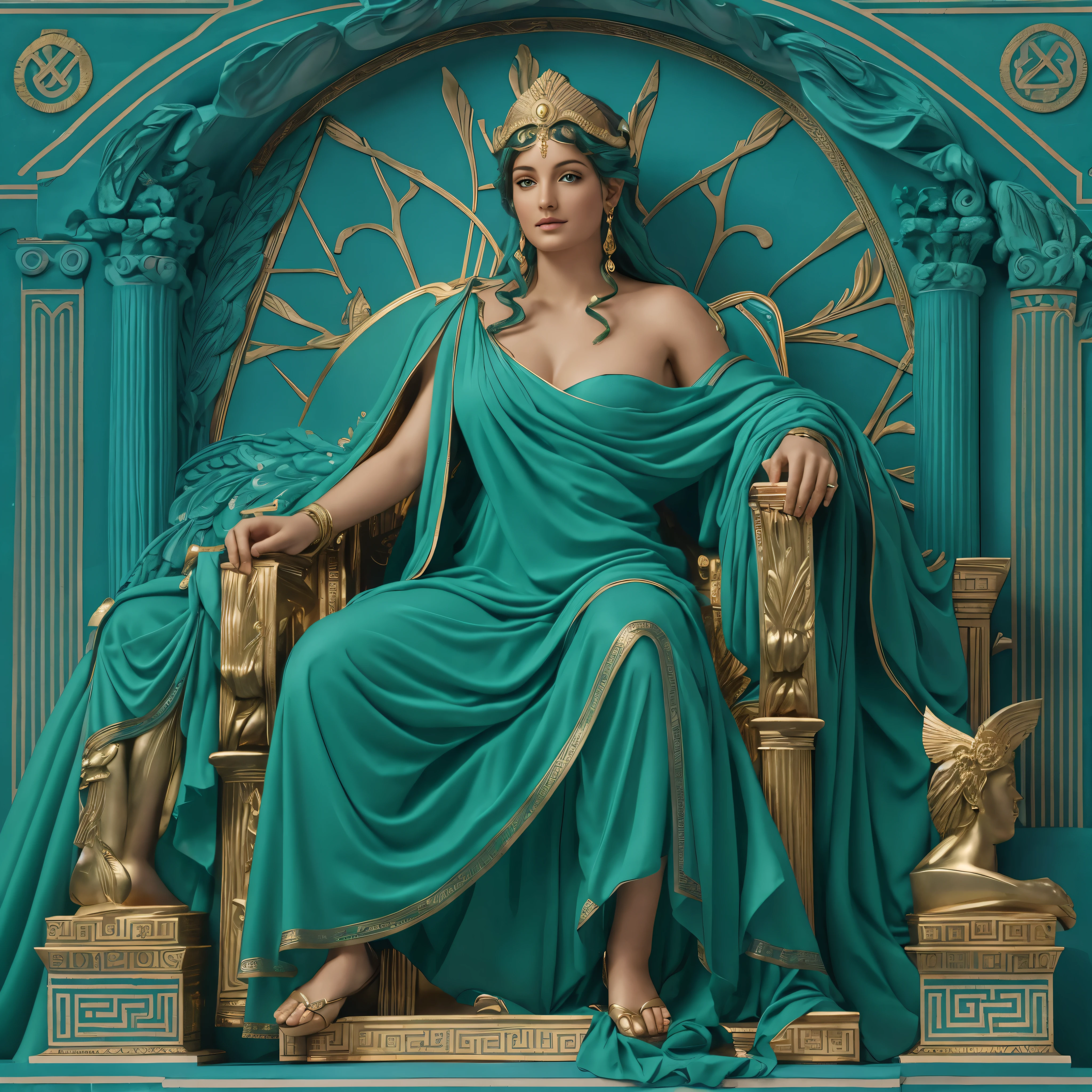 Greek Goddess Hera seated in her throne. She is wearing ellegant blue cloths.