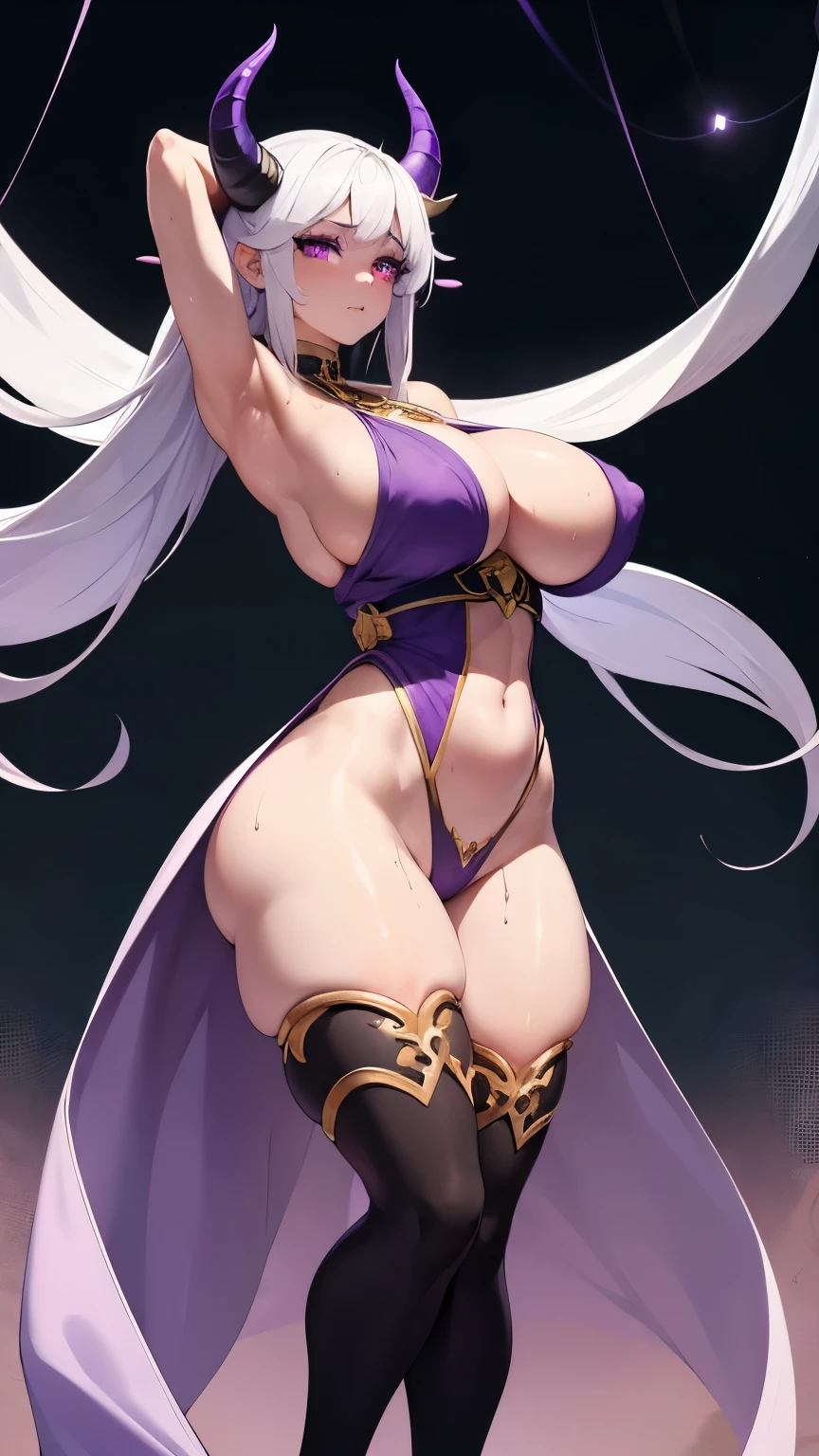 Four arms goddess girl, mega breast wrapped by ropes, pale purple skin, 3 meter tall standing, blacked eyes with purple iris, thicc light muscle body, long tail, long horns, few makeup, sweaty armpits, white haired, tattooed full body from body to legs, worn lot of golden jewelries on body