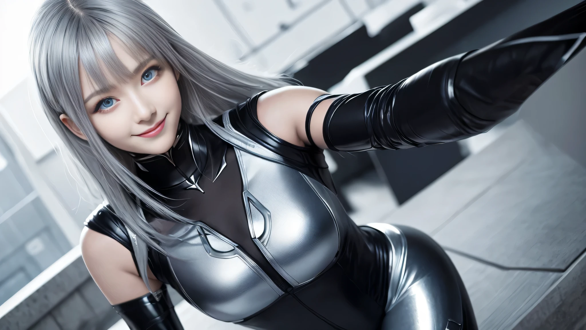 blue eyes, waist shot, stunning proportions, smile, portrait, realistic, beautiful girl, Skin-fitting bodysuit, evangelion style bodysuit, silver hair, armor,perfect body,(lie:1.3)