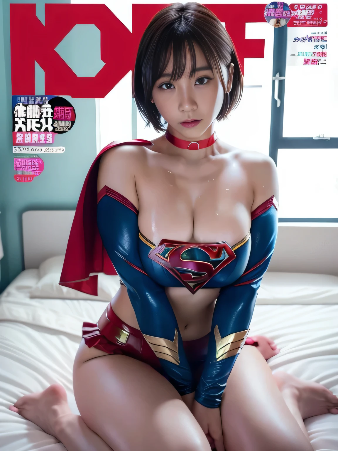 masterpiece、supergirl costume、short hair、barefoot、big and full breasts、Examination room、crazy about masturbating in bed、sexy pose、athlete、shiny、looking at camera、Seduce、choker、long sleeve、red mini skirt、Weekly magazine cover、Sculpture Magazines、sweaty、radical、