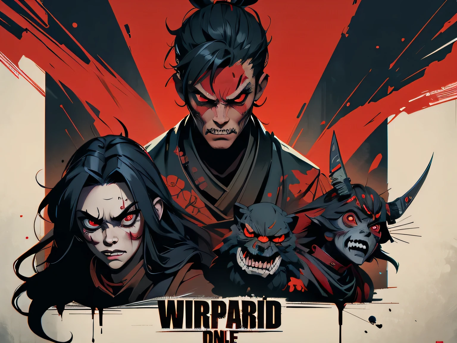 poster design,humor,samurai zombie,Dark side,darkcolorscheme,red eyes,The end of the world
