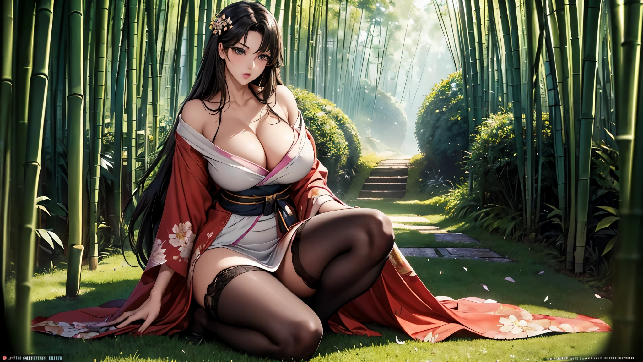 (((girl1name)))、(((Full body photo))),(((not wearing a suit of clothes))),Perfect Body,(((pantyless, braless))),((masterpiece)), surreal, Portrait of a beautiful fair-skinned anime woman (floral kimono), light makeup, bright eyes, glossy black hair, intricate hair ornament, In the bamboo forest,Cool Beauty, Glossy, Large Bust,