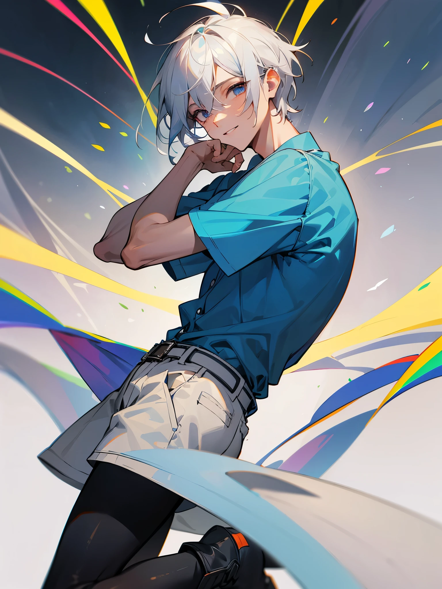 Tall man in his 25s with gray hair, ojos grises. Vistiendo una capa con capucha azul, vestido con una camisa blanca con botones, shorts verdes, y guantes azules. He also wears a belt and boots... Pose masculina. Sonriente. Fondo con humo arcoiris. Mucho humo colorido. Rostro perfecto