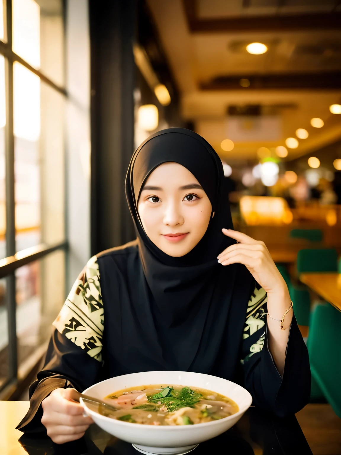 woman sitting at a table with a bowl of soup in front of her, shot on nikon z9, hijab, with yellow cloths, handsome girl, taken at golden hour, malaysian, with accurate face, 🤤 girl portrait, taken in 2 0 2 0, in a mall, taken with sony alpha 9, by Abidin Dino, with short hair, eating