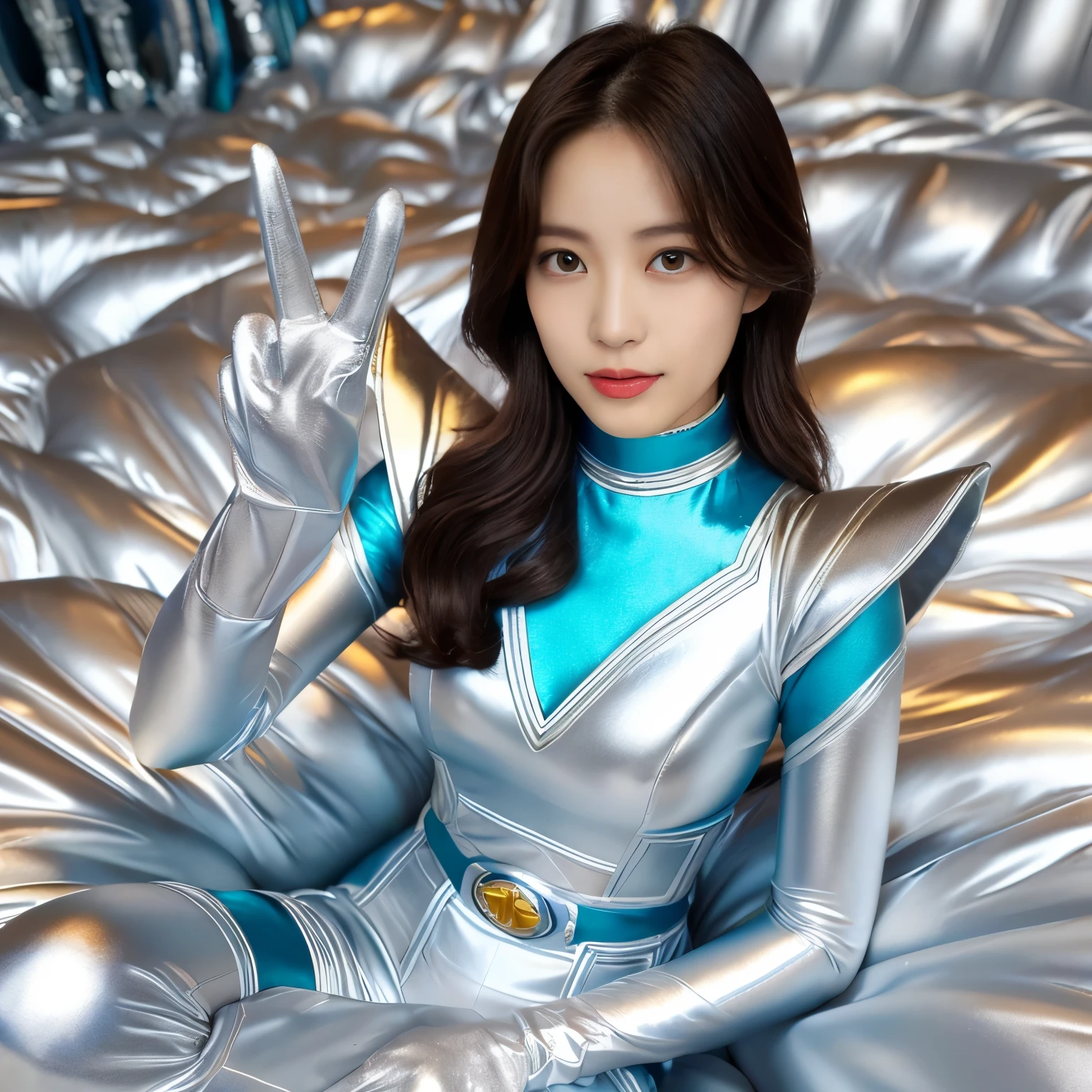 best image quality、Super high resolution、(realism:1.4)、Korean beauty star、The most beautiful KPOP star、horny face、Horny Korean makeup、erotic expression、A body that makes you want to touch it、erotic photos、((Realistic shiny satin fabric texture、High-gloss stretch satin fabric that is smooth and smooth to the touch.、The drape of the curved part of the shiny satin fabric、strong shiny costume、The smooth and beautiful quality and luster of the costumes、A shiny costume made of high-quality satin fabric with high density.、Smooth to the touch oil light liang ice 縝绸 ultra-class battleship skin coat COS、Super Sentai Women's Heroine Suit、Texture of costumes that satin fetishists respond to、Thin, glossy stretch satin fabric)),8K photo quality