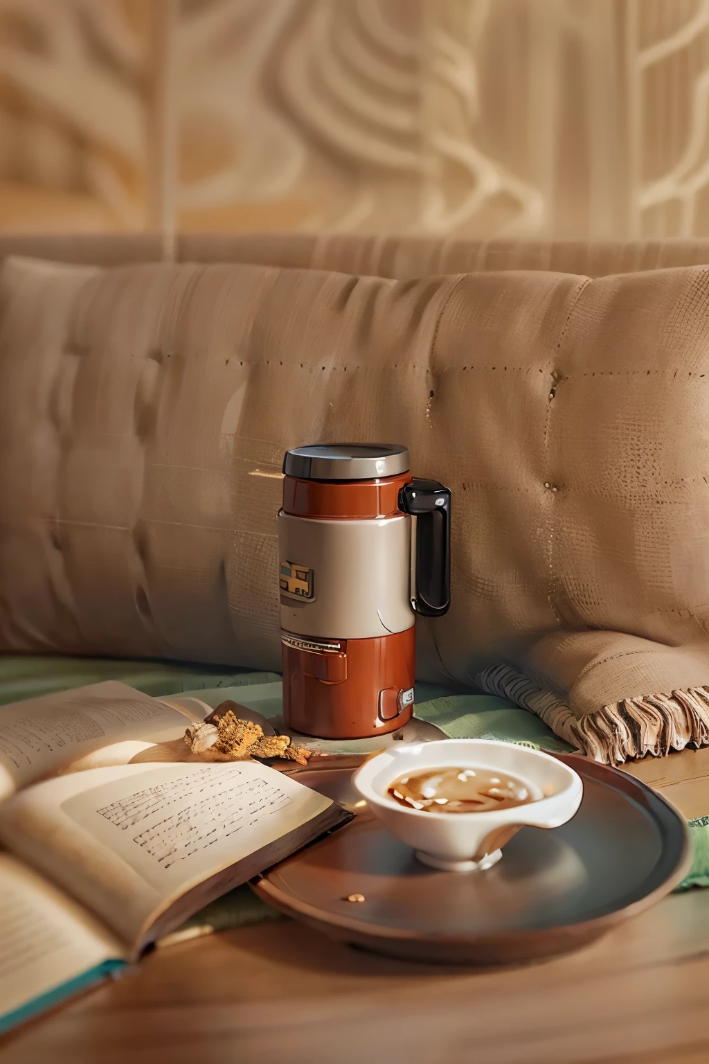 (thermos cup:1.2),round table，Book,(Sofa 0.6）indoor scene，Close-up warm tones，Product photography