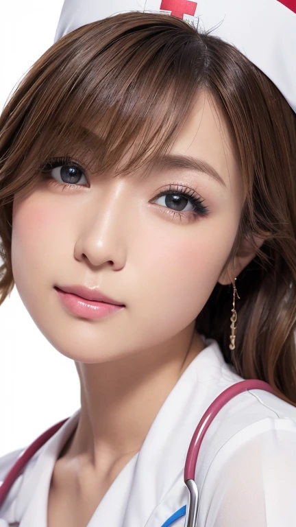 (Photoreal:1.4, 8K), highest quality, masterpiece, ultra high resolution, perfect dynamic composition, big face、round face、((light brown hair:1.4、bun hair))、Highly detailed skin and facial textures:1.3, Detail of limbs, 1 girl, Cute sexy 30 year old Japanese woman, (tanned skin:1.2), ((completely enchants you:0.9)), ((nurse costume, nurse cap)),Medium chest, (look away、beautiful eyes, black eye, Eyes that feel beautiful eros:0.85), sexy face:0.4, (closed mouth、small mouth、thick lips、A taste of beautiful eroticism:0.85), ((Too cute beauty:0.9))、natural makeup、((extreme close up))