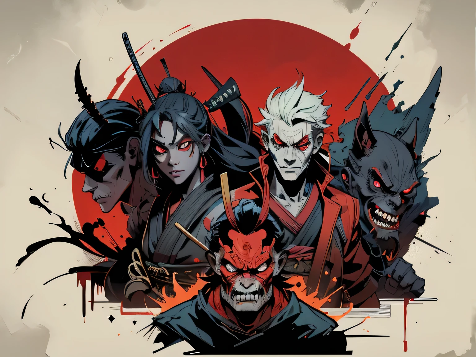 poster design,humor,samurai zombie,Dark side,darkcolorscheme,red eyes,The beginning of the world