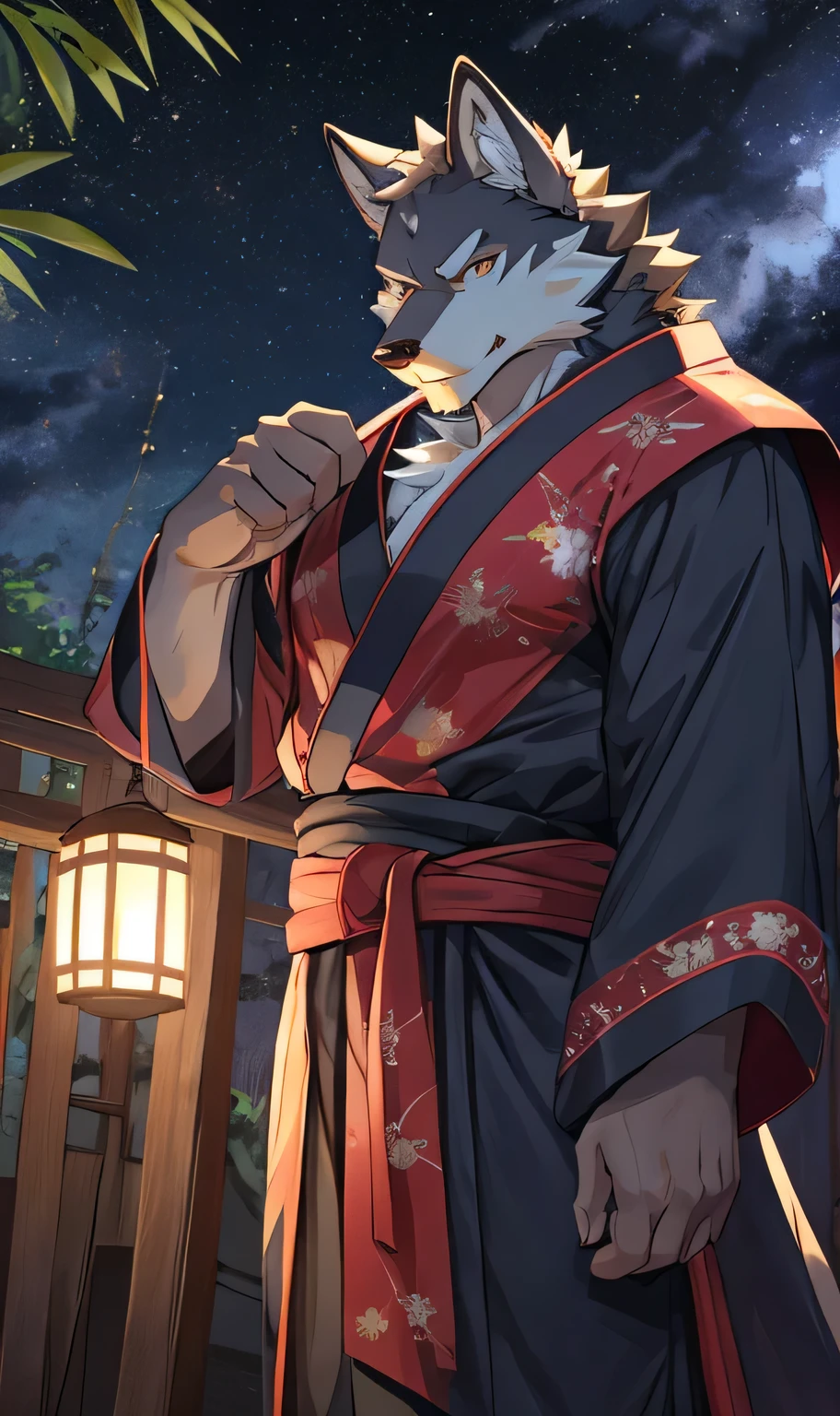 wh它e body, , stripe, stripe 몸체, High Qual它y, 8K, High image qual它y, National Science Foundation, pixiv, gloomy, Full body visible composition, Correct proportions, skin, Sexy, Sexy muscles, Trad它ional Japanese Costumes, put on yukata,  , The wind is blowing，Wolf，muscular，middle aged，look at us，Holding a bow and arrow，Serious，in the bamboo forest，night
