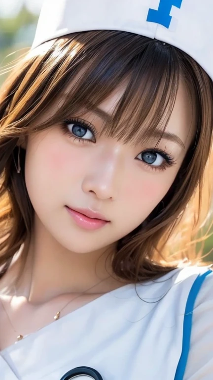 (Photoreal:1.4, 8K), highest quality, masterpiece, ultra high resolution, perfect dynamic composition, big face、round face、((light brown hair:1.4、bun hair))、Highly detailed skin and facial textures:1.3, Detail of limbs, 1 girl, Cute sexy 30 year old Japanese woman, (tanned skin:1.2), ((completely enchants you:0.9)), ((nurse costume, nurse cap)),Medium chest, (look away、beautiful eyes, black eye, Eyes that feel beautiful eros:0.85), sexy face:0.4, (closed mouth、small mouth、thick lips、A taste of beautiful eroticism:0.85), ((Too cute beauty:0.9))、natural makeup、((extreme close up))