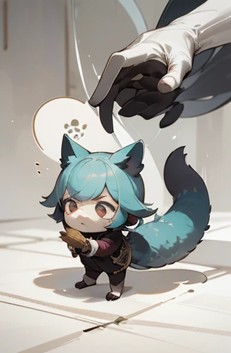 (((Animals,white monster, An illustration, Chibi))), (Sad face, fox head, wolf carcass, owl back wing, tail snake, four legs)
