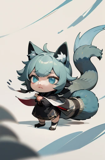 (((Animals,white monster, An illustration, Chibi))), (Sad face, fox head, wolf carcass, owl back wing, tail snake, four legs)