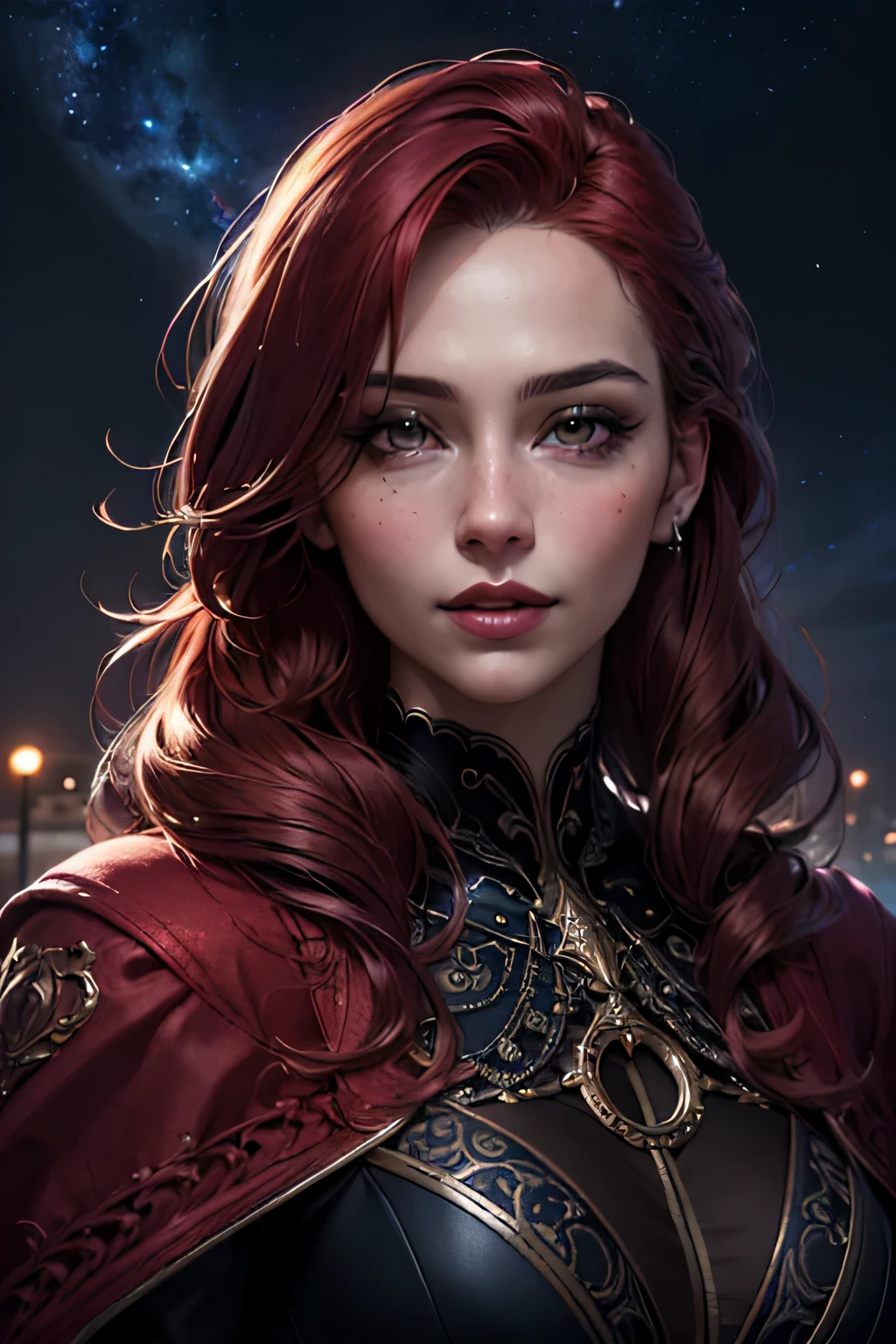 (masterpiece, best quality, 1girl, solo, intricate details, chromatic aberration), realistic, ((medium breath)),portrait shot, ((vivid red hair)), mature woman, 30 years old, diamond face, medium breast, moonlight, red starry sky background, depth of field, magic, big red lips, ((dark black eyes)) (Detailed beautiful eyes) red long and full dress, covered chest, mystical atmosphere, ominous shadows, Intense blue aura, Intense red aura (best quality:1.2), absurdres, intricate details, (highly detailed skin:1.2), smile expression, posing, taut and well defined body, attractive. Highly realistic, pale skin, beautiful, hyperrealism, skin very elaborated, direct gaze AB JLEE3, Complex facial details for all characters, Expressive eyes and nose and mouth, unzoom, author：Jim Lee Right Section Centered, Key, Visual, Complex, Highly Detailed, Breathtaking, Precise Line Art, Vibrant Panorama Film
