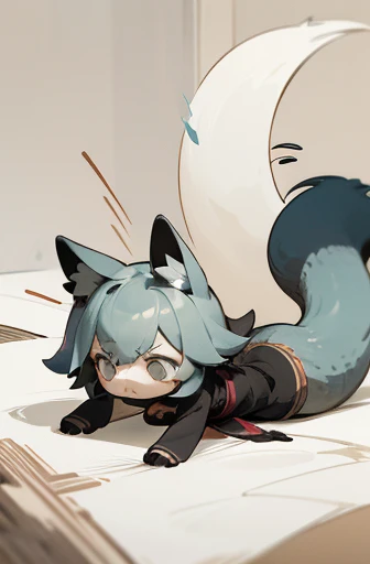 (((Animals,white monster, An illustration, Chibi))), (Sad face, fox head, wolf carcass, owl back wing, tail snake, four legs)