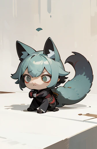 (((Animals,white monster, An illustration, Chibi))), (Sad face, fox head, wolf carcass, owl back wing, tail snake, four legs)