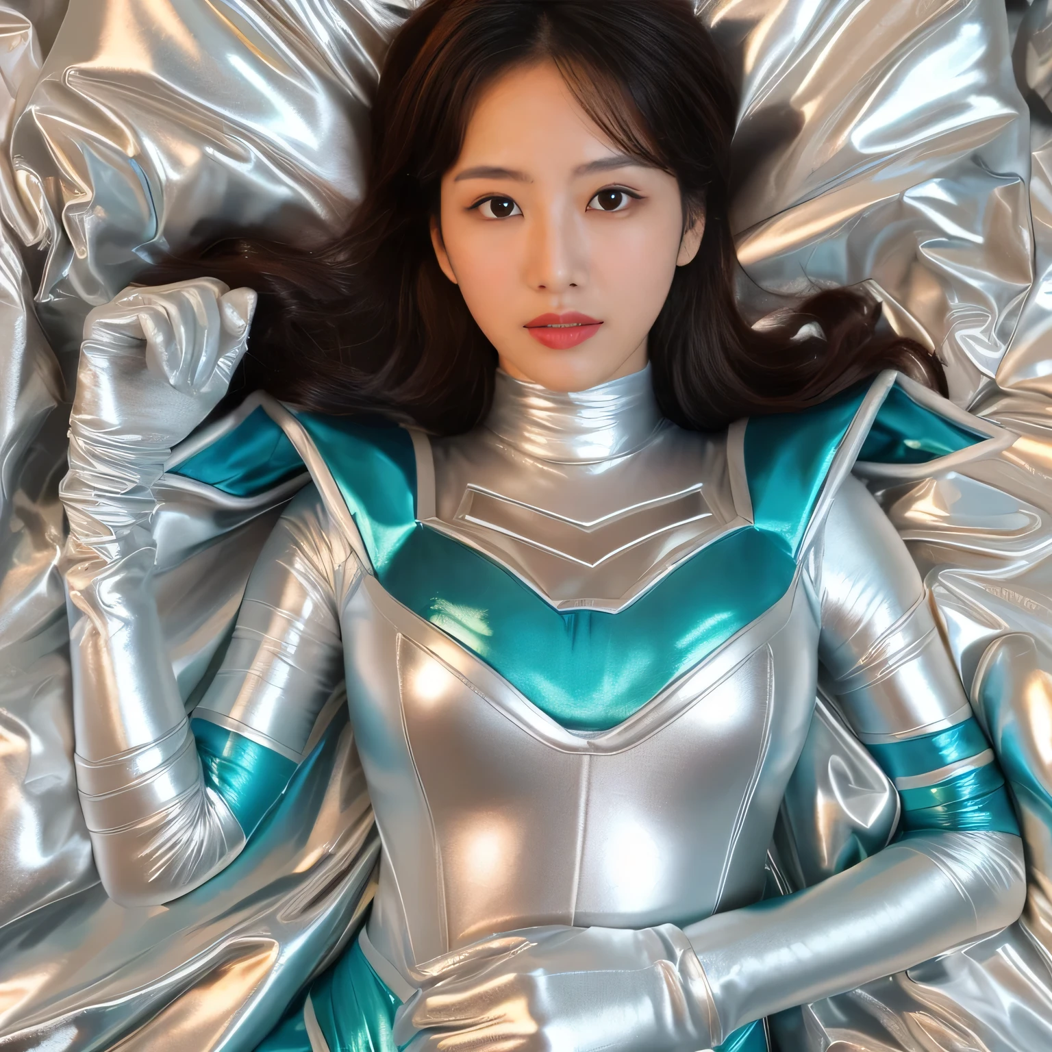 best image quality、ultra high resolution、(realism:1.4)、korean beauty star、The most beautiful KPOP stars、horny face、horny korean makeup、erotic expression、A body that makes you want to touch it、erotic photos、((Realistic shiny satin fabric texture、High-gloss stretch satin fabric with a silky smooth feel.、The drape of the curved parts of the shiny satin fabric、strong shiny costume、Smooth and beautiful texture and luster of the costume、Shiny costume made of high-density premium satin fabric.、Smooth to the touch oil light beam ice thread super class battleship skin coat COS、super sentai woman'heroine suit、Texture of costumes that cater to satin fetishists、thin, shiny stretch satin fabric)),8K photo quality
