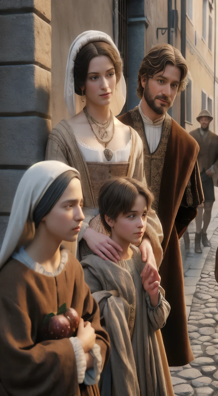 arafed image of a group of people dressed in period clothing, dressed in medieval clothes, wearing medieval clothes, in a high renaissance style, inspired by Romano Vio, in a renaissance style, realistic renaissance portrait, medieval clothes, renaissance digital painting, disney renaissance film, medieval style, sqare-jawed in medieval clothing, renaissance era clothing, scene from the film