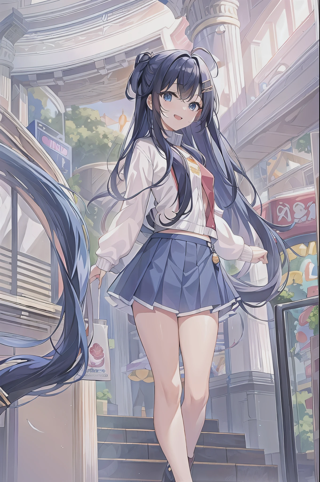 (((masterpiece))), (high quality:1.5), (beautiful:1.5), (((8K))), (High resolution:1.5), (High resolution:1.5), (1 girl:1.3), (child:1.5), (loli:1.5), (dark blue straight long hair:1.3), (very long dark blue sideburns), (dark blue bangs with very large parting:1.3), (simple hair clip:1.4), (Ahoge:1.4), (small blue eyes:1.2), (slightly droopy eyes:1.3), (Super thick sideburns and super long sideburns:1.1), (Ultra-flat chest:1.4), (extremely small breasts:1.4), laughter, (white cardigan), (white pleated skirt), Walk inside the mall, holding a paper carrier bag in hand, (cowboy shot:1.2)
