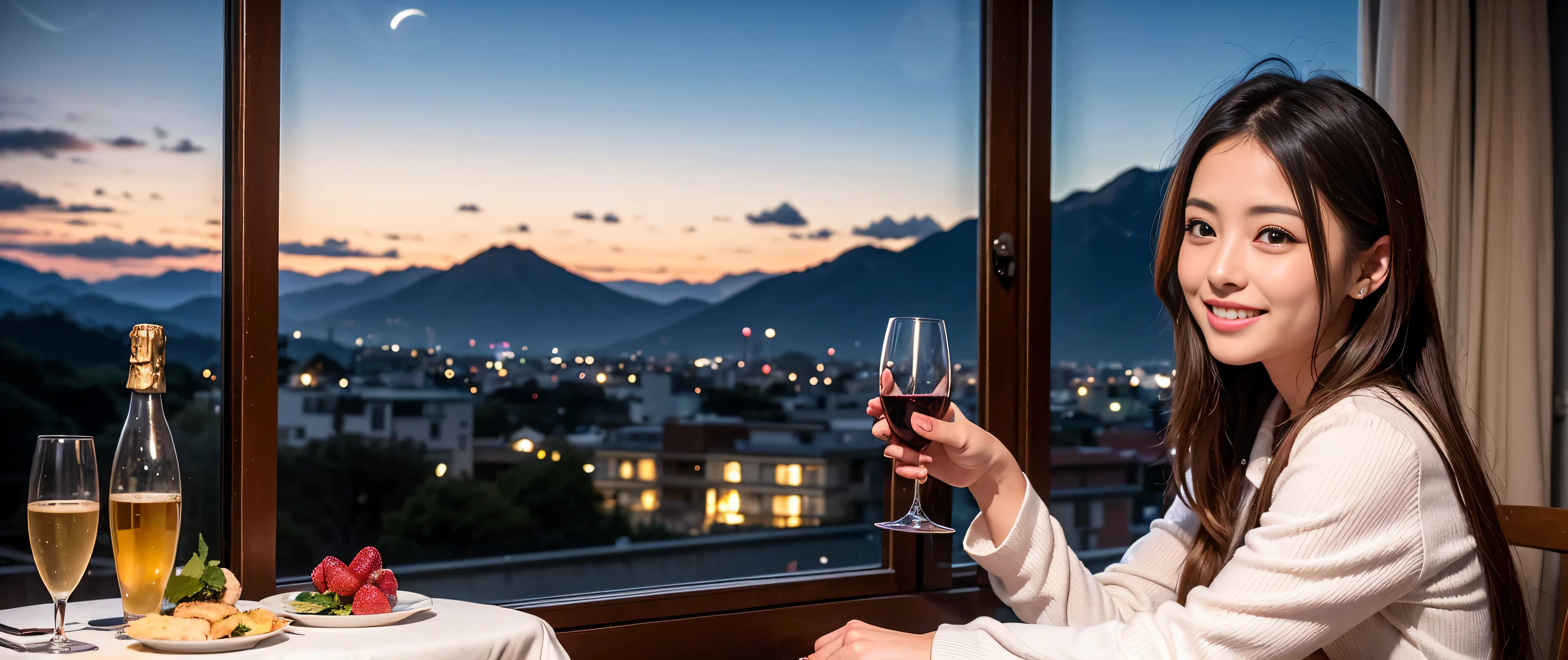 K, Hmm, highest quality, masterpiece: 1.2), (realistic, photorealistic: 1.37), Spectacular view of the sunset sky and clouds、Amazing mountain views、Satomi Ishihara、3 slim beauties, (slim face),Happy、 the best smile、Fox face、Berry Short、(because I'thin), (brown hair), (shortcut), long sleeve shirt、winter fashion、Colombian、Brazilian、Japanese、Dutch、German、Portuguese、Belgian、Italian、French,Champagne、sparkling wine、 (Squirting), (slim body), (brown hair), (shortcut), neat beauty、cheeks turn a little red, (35 years old), 38 years old, alone, A beautiful and detailed night view spreads out outside the window......, restaurant, wine glass is sitting, At night, in a prominent place (from the Upper body) nova frog style, actress, model, Upper body, White wine, slim, wine glass, Very beautiful night view, wine glass Put in the Middle, Happy smile, (smile: 1.15),