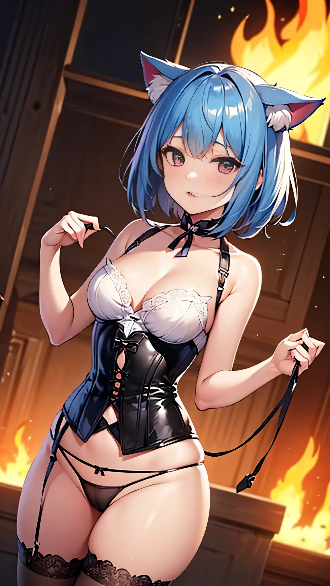 Intricate details: "((a sexy animated lady poses in revealing translucent clothes while in fire-lit fantasy setting, firm breasts, 1girl 18 years old, 100% see through all clothes, animal ears, short hair, see through panties, flat stomach, black panties, 100% see through all underwear, cat ears, looking at viewer, thighhighs, cleavage, corset, blue hair, string panties, 70% nude, random low angle))"