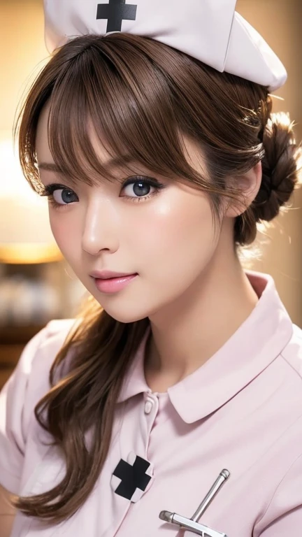 (Photoreal:1.4, 8K), highest quality, masterpiece, ultra high resolution, perfect dynamic composition, big face、round face、((light brown hair:1.4、half updo:1.4))、Highly detailed skin and facial textures:1.3, Detail of limbs, 1 girl, Cute sexy 30 year old Japanese woman, (tanned skin:1.2), ((completely enchants you:0.9)), ((nurse costume, nurse cap)),Medium chest, (look away、beautiful eyes, black eye, Eyes that feel beautiful eros:0.85), sexy face:0.4, (closed mouth、small mouth、thick lips、A taste of beautiful eroticism:0.85), ((Too cute beauty:0.9))、natural makeup、((extreme close up))