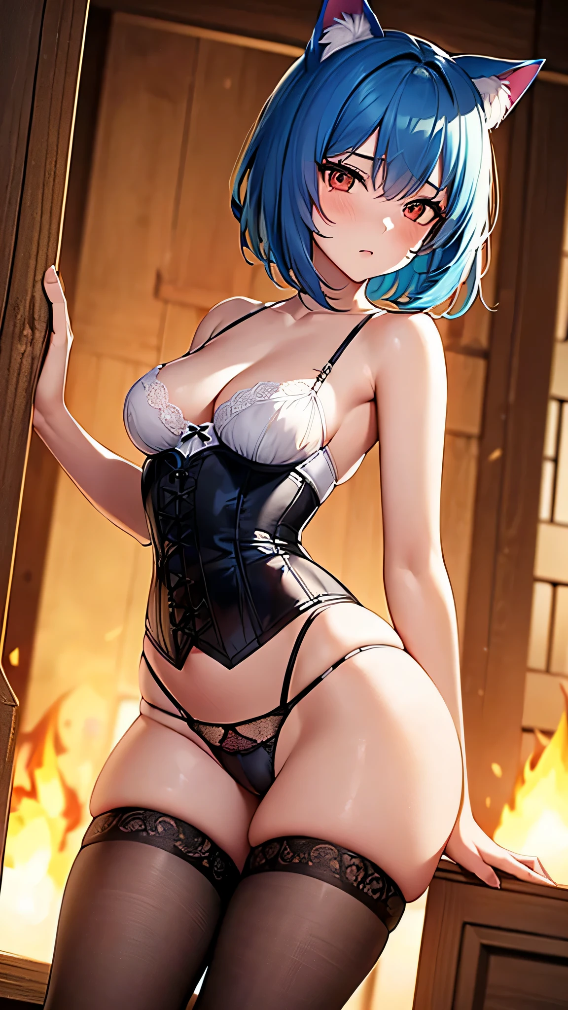 Intricate details: "((a sexy animated lady poses in revealing translucent clothes while in fire-lit fantasy setting, firm breasts, 1girl 18 years old, 100% see through all clothes, animal ears, short hair, see through panties, flat stomach, black panties, 100% see through all underwear, cat ears, looking at viewer, thighhighs, cleavage, corset, blue hair, string panties, 70% nude, random low angle))"