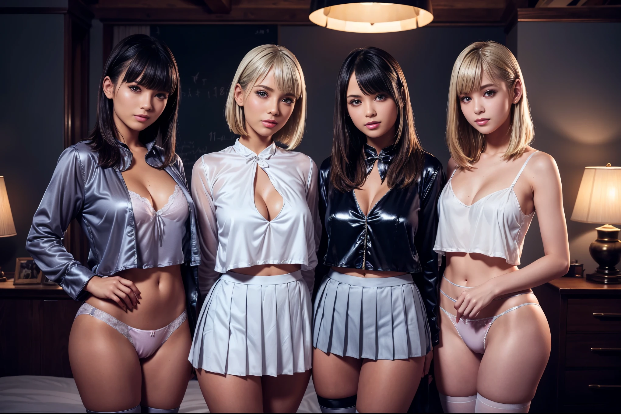 (Masterpiece, professional lighting, 16k, 8k wallpaper, raw photo, photorealistic: 1.8, ultra detailed natural soft lighting, detailed skin, detailed face, detailed eyes, textured skins, cinematic composition, back -detailed shot: 1.2), (high school girls interior of the bedroom of a mountain chalet: 1.4, luxury furniture, feminine negligee: 1.1 cleavage), looking at the viewer, shy, shy, embarrassed face, smile: 0.7, silky white skin, no makeup, shiny lips, group photo, (same, silky white, see through: 0.4), (nude: 0.3), (see panties), (3 girls: 1 perfect style, slender), ((attractive female body)), silky charcoal gray silky bra, silky charcoal gray silky panties, ((wearing identical seifuku, legs apart, pleated skirt, thigh high , blouse, transparent, roafur)), blonde hair, straight hair, bob cut