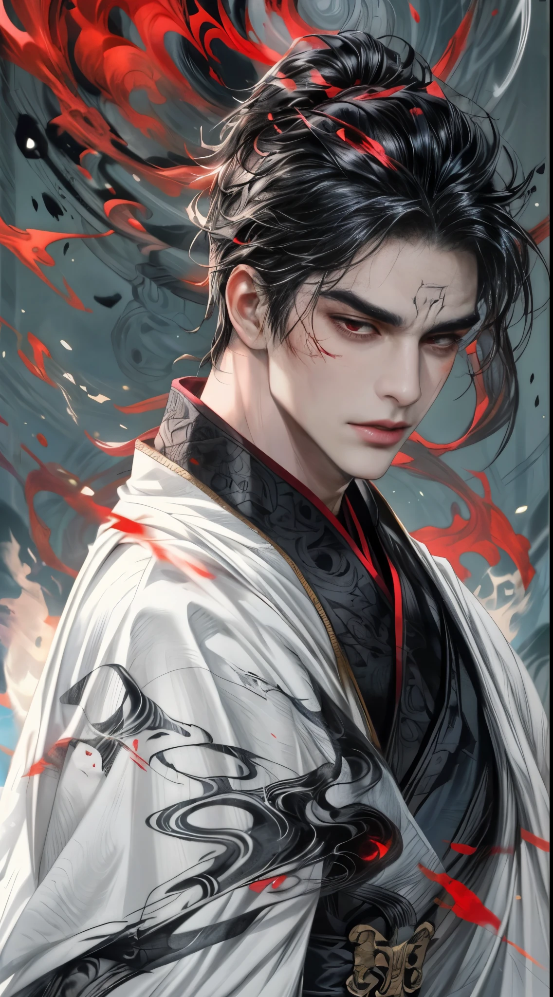 art board ,  a close up of a man with black hair , man wearing white robe, Red eyes , beautiful character  , Epic and beautiful character art, Stunning character art, author：Fan Qi , realistic art ,  , The edges of art are faded by splashes of ink (Super detailed faces) , (ultra detailed ink art)，red pupils，Handsome