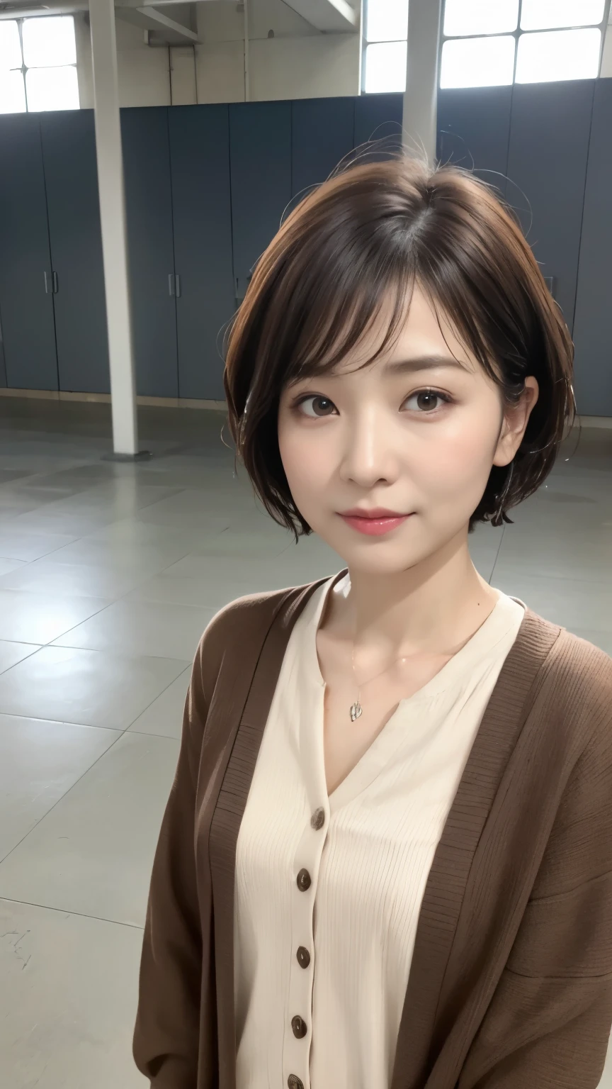 ((highest quality、8k、masterpiece:1.3))、Photoreal, sharp focus, High level image quality, High resolution, portrait, alone, Japanese, middle-aged women, beautiful woman, ,45 years old, (small face:1.3), (heavy makeup:1.1), five fingers, accurate hands, , (wet hair:1.2), (wrinkles around the eyes:0.5), concrete background、mortar style background、foldable armor tar style wall,from below、pixie cut,pixie cut、Korean style、concrete wall、chocolate brown cardigan
