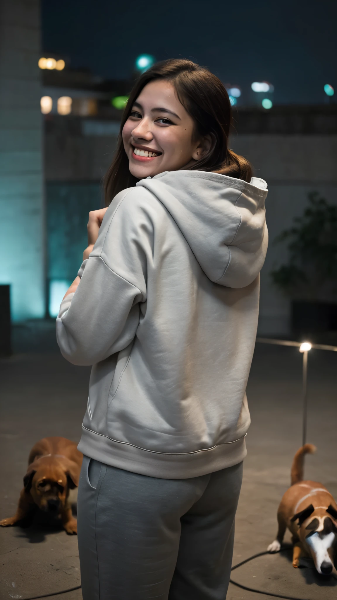 portrait-angle shot capturing the a girl with beautiful smile ,she wearing hoodie and behind dog is playing , with lights beginning to illuminate the buildings --style raw --v 6.0
