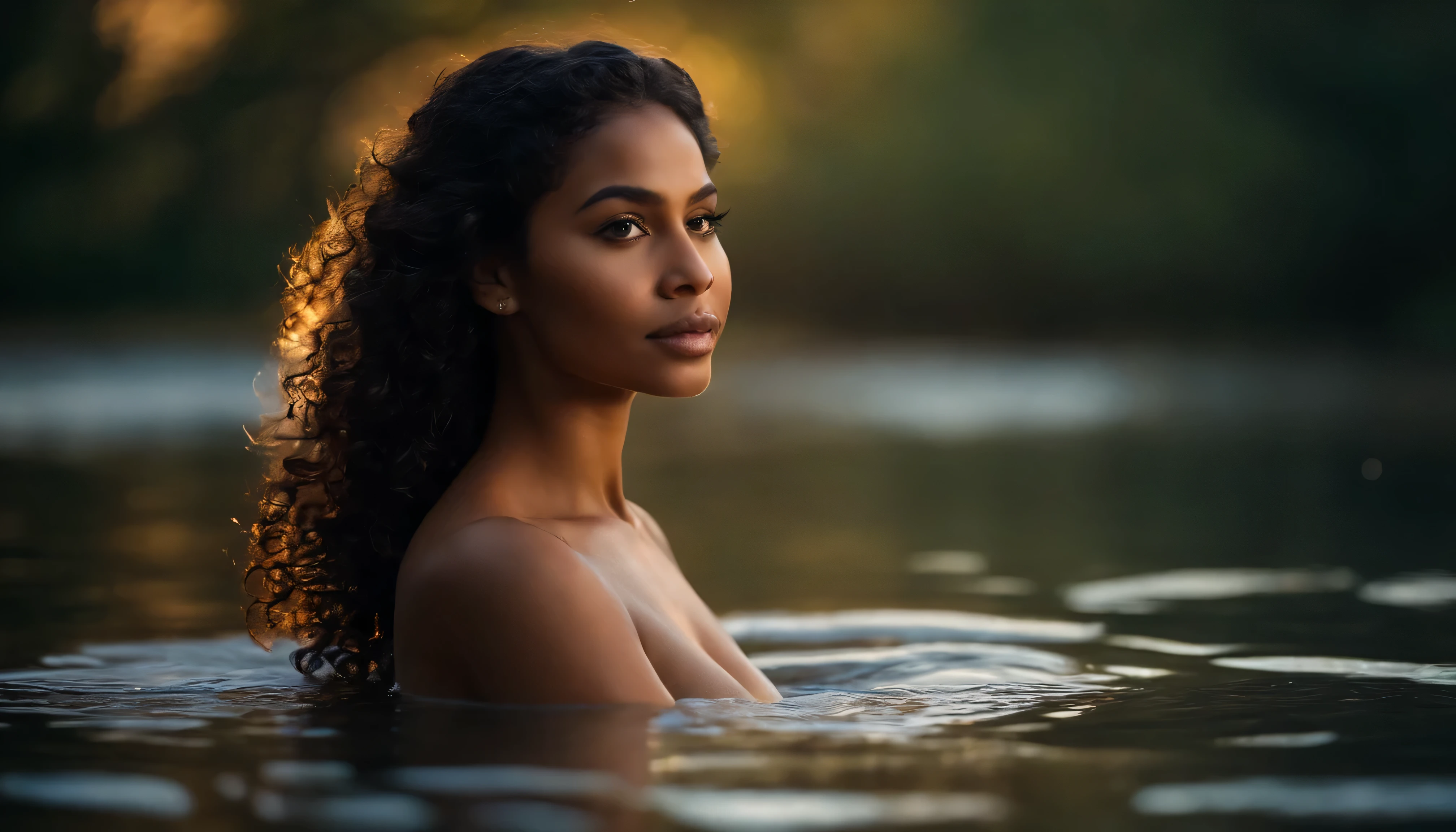 A stunningly beautiful brown-skinned girl stands serene in the middle of the river flow, her curves accentuated by the gentle caress of the water. Have Angels' wings, adorned with iridescent feathers, sprawl majestically on her shoulders, their ethereal glow illuminating the surrounding area. Her short, curly hair cascades down her back, catching the soft moonlight and shimmering like strands of spun gold. Her breasts, full and beautifully formed, are partially covered by a transparent dress that clings to her body, revealing her perfect figure. The moonlight dances on her skin, highlighting every curve and contour, her complexion radiating with a natural