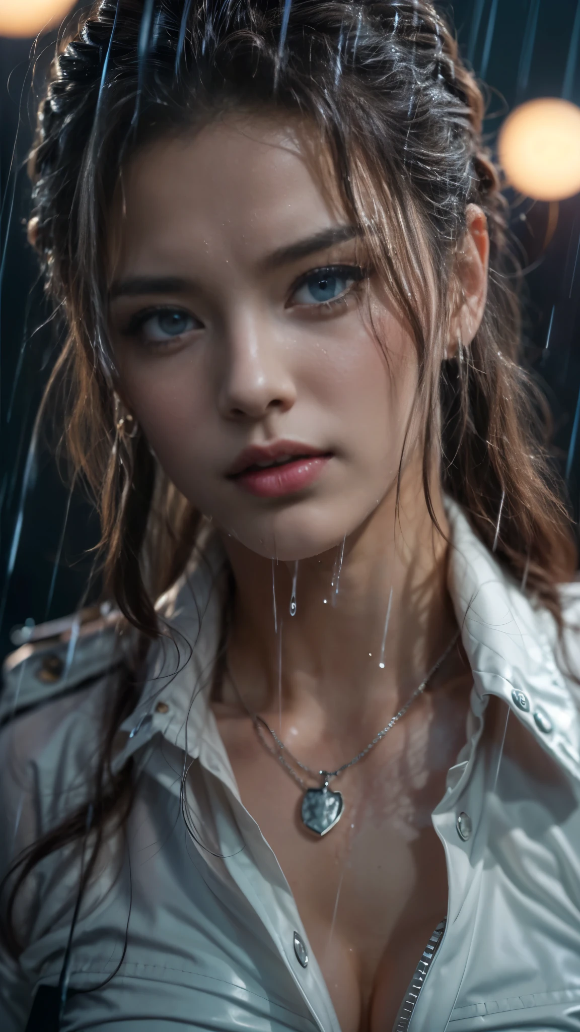 (RAW shooting, Photoreal:1.5, 8K, highest quality, masterpiece, ultra high resolution), perfect dynamic composition:1.2, Night street corner of a modern city, expression of sadness:0.3, (((Typhoon heavy rain))), Highly detailed skin and facial textures:1.2, Slim female police officer wet in the rain:1.3, Fair skin, sexy beauty:1.1, perfect style:1.2, beautiful and aesthetic:1.1, very beautiful face, water droplets on the skin, (rain drips all over my body:1.2, wet body:1.2, wet hair:1.3), (Wet tight leather skirt:1.2, wet police uniform:1.3), belt, (Medium chest, Bra is transparent, Chest gap), (cry, lovelorn, The expression on your face when you feel intense caress, Facial expression when feeling pleasure), (beautiful blue eyes, Eyes that feel beautiful eros:0.8), (Too erotic:0.9, Bewitching:0.9), cowboy shot, handcuffs, necklace, earrings, bracelet, clock