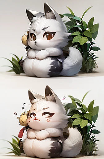 (((Animals,white monster, An illustration, Chibi))), (Sad face, fox head, wolf carcass, owl back wing, tail snake, four legs)