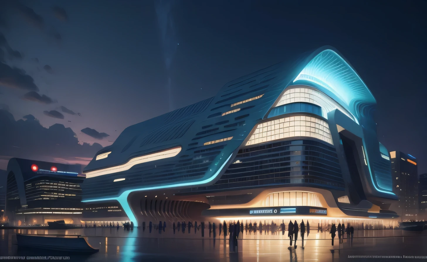 City Station is a compact and versatile modular space, The needs of city dwellers, Such as relaxing, Shopping, Enjoyment. Its exterior design has a modern architectural style, Zaha's streamlined pattern,The combined façade consists of large glass,stunning detailed,Cinematic shots,Photo glow