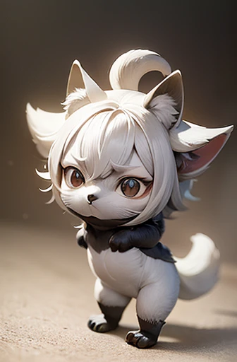 (((Animals,white monster, An illustration, Chibi))), (Sad face, fox head, wolf carcass, owl back wing, tail snake, four legs)