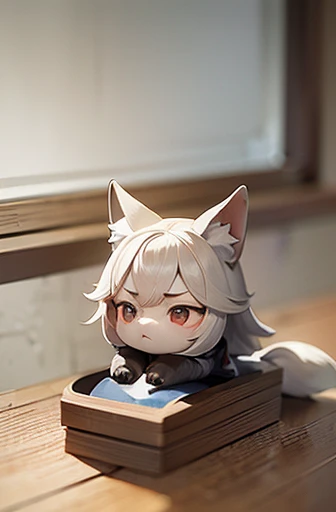 (((Animals,white monster, An illustration, Chibi))), (Sad face, fox head, wolf carcass, owl back wing, tail snake, four legs)