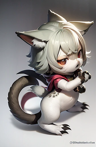 (((Animals,white monster, An illustration, Chibi))), (Sad face, fox head, wolf carcass, owl back wing, tail snake, four legs)