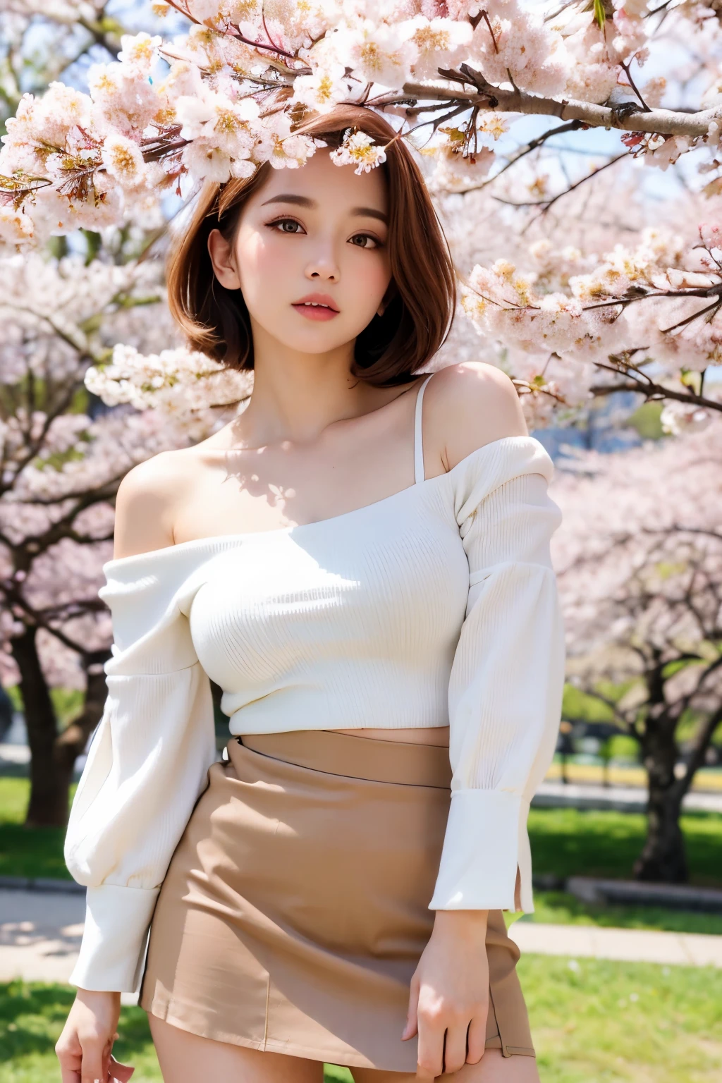 ((highest quality)), ((masterpiece)), (be familiar with), perfect face, double eyelid, (beautiful eyes, color contacts), short hair, brown hair, Japanese, plump breasts, No sleeve, short skirt, (lean forward), standing posture, look up at the camera, ((Cherry blossoms in full bloom in the background)), the sun is out