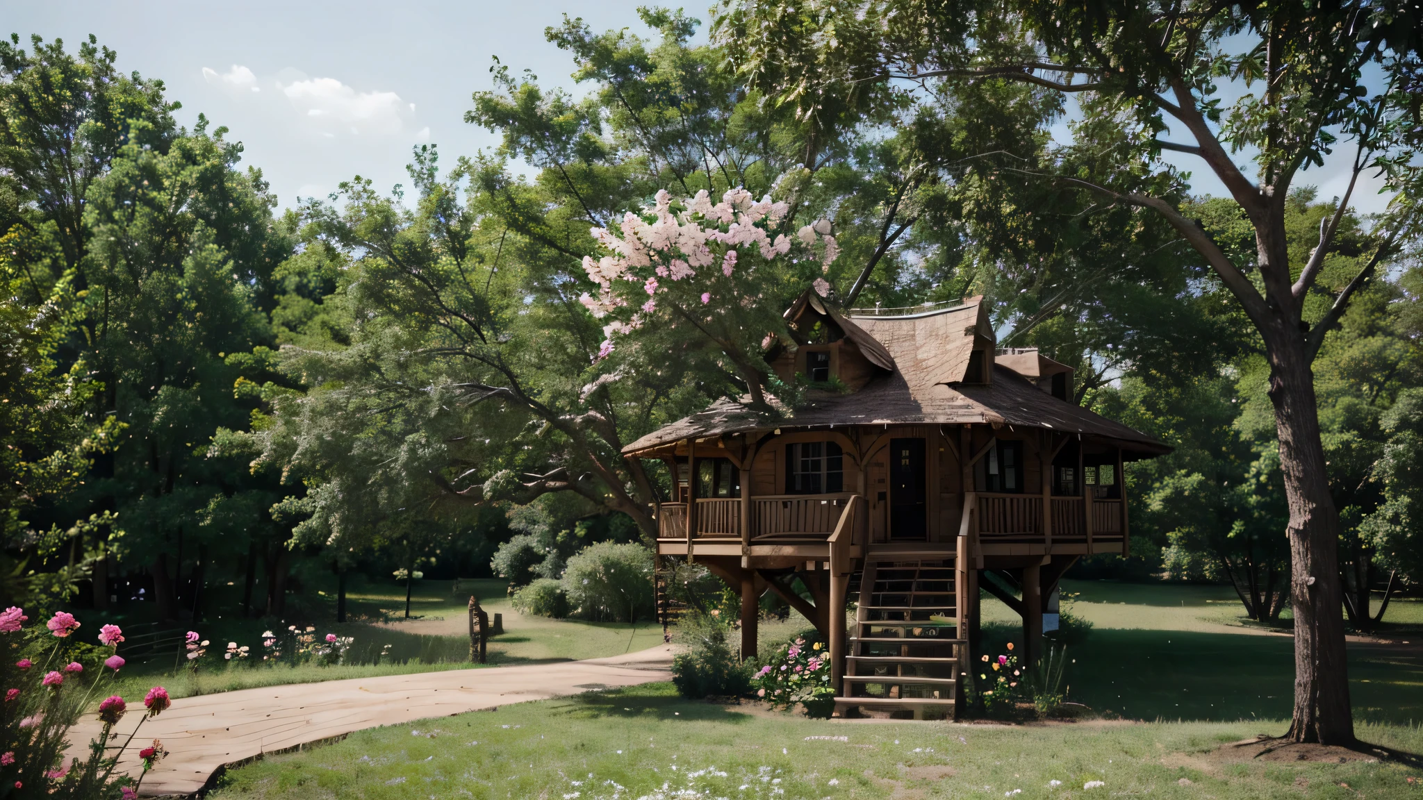 cabane dans les arbres avec des fleurs