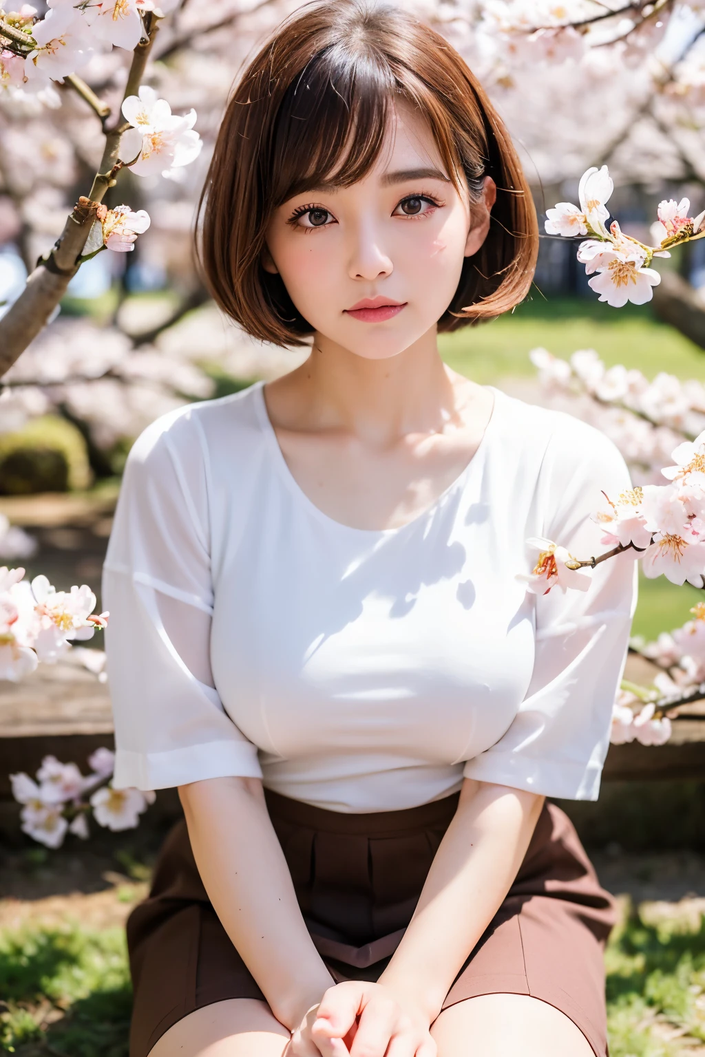 ((highest quality)), ((masterpiece)), (be familiar with), perfect face, double eyelid, (beautiful eyes, color contacts), short hair, brown hair, Japanese, plump breasts, No sleeve, short skirt, (Bend forward with your hands on your knees:1.2), standing posture, look up at the camera, ((Cherry blossoms in full bloom in the background)), the sun is out