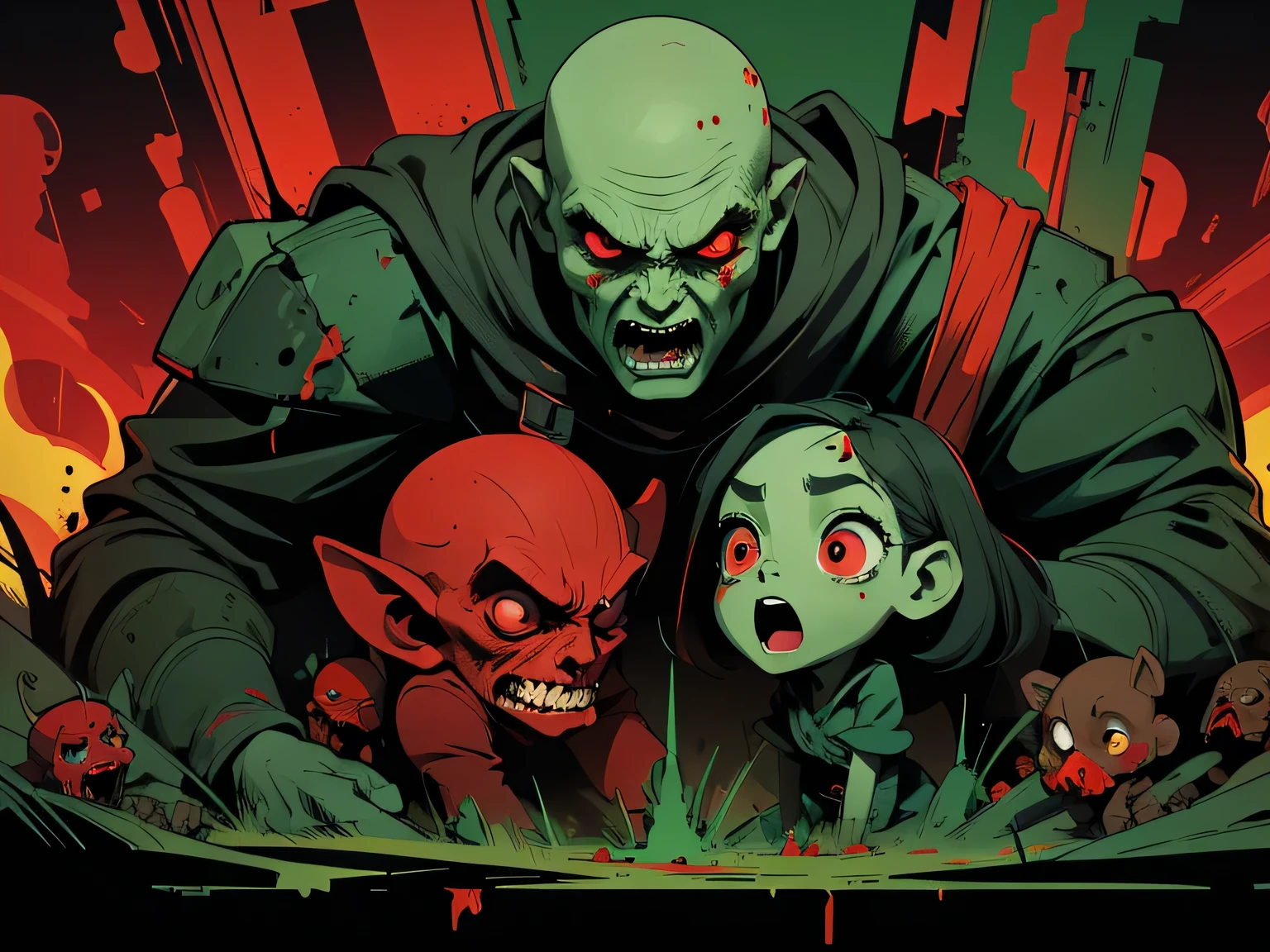poster design,humor,pop zombie,Dark side,darkcolorscheme,red eyes,The end of the world,Red and green color scheme
