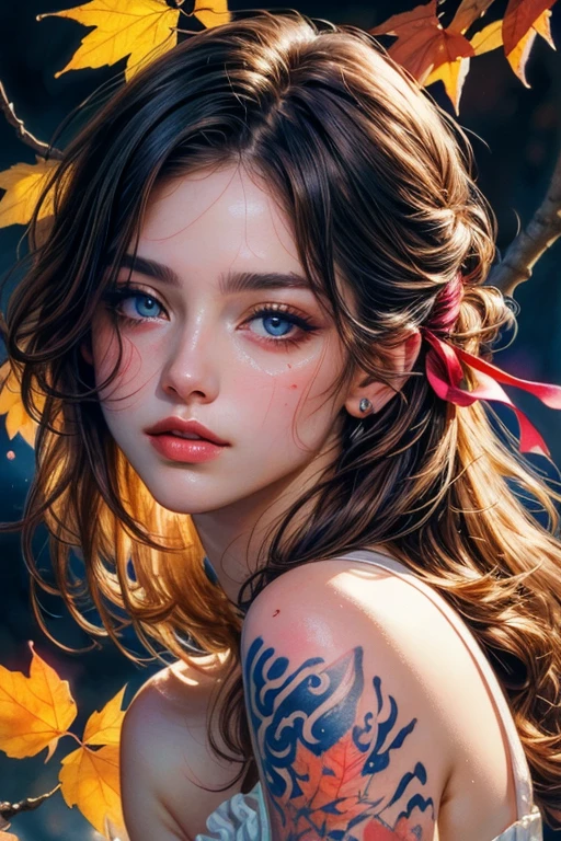 (8k, best quality, masterpiece:1.2),(best quality:1.0), (ultra highres:1.0), watercolor, a beautiful woman, shoulder, hair ribbons, by agnes cecile, half body portrait, extremely luminous bright design, pastel colors, (ink:1.3), autumn lights