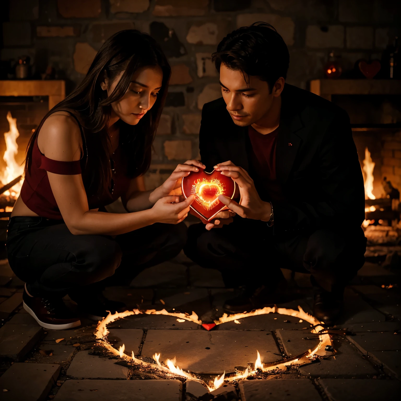 a man and a woman looking at a red heart on fire