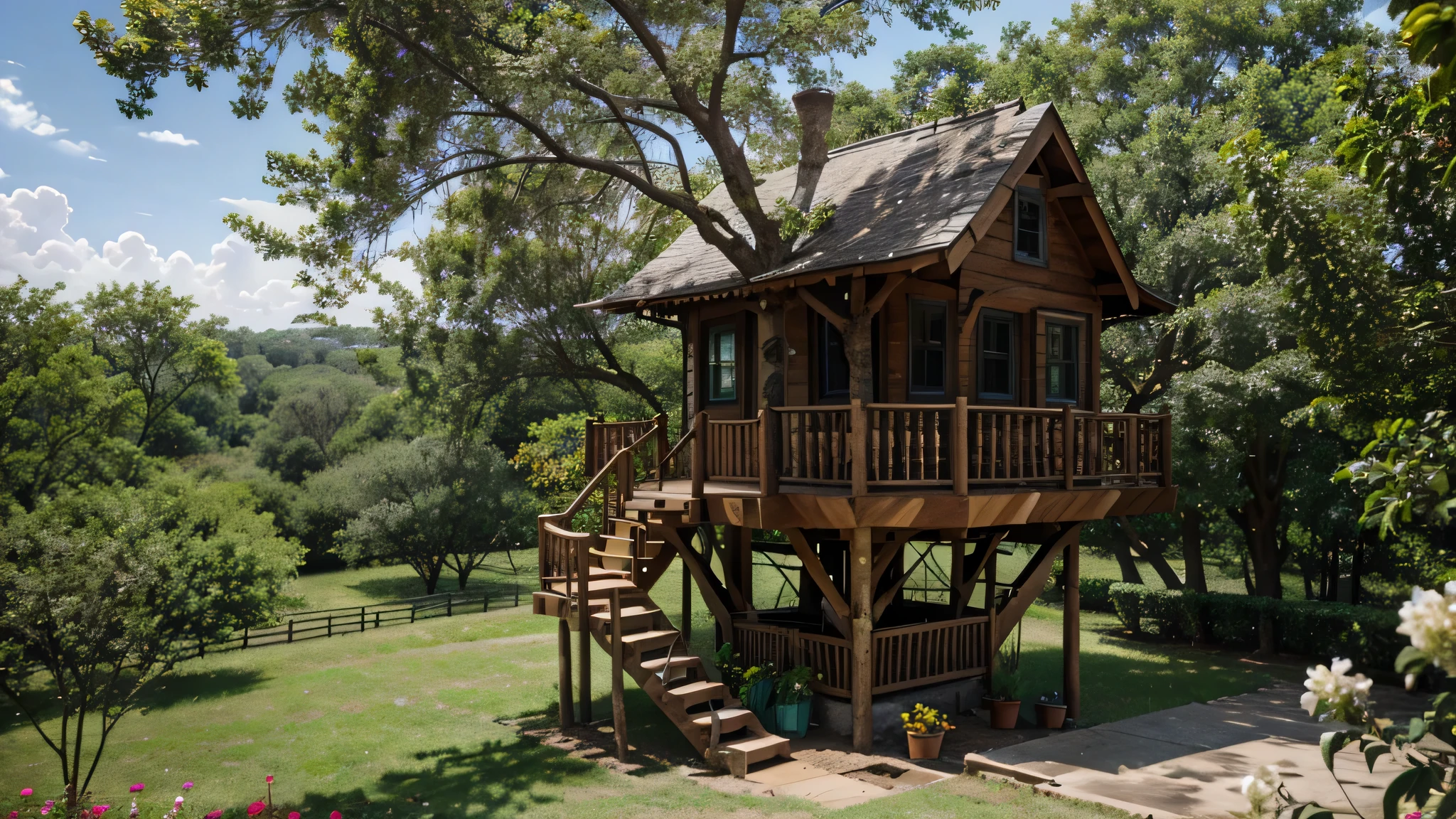 cabane dans les arbres avec des fleurs